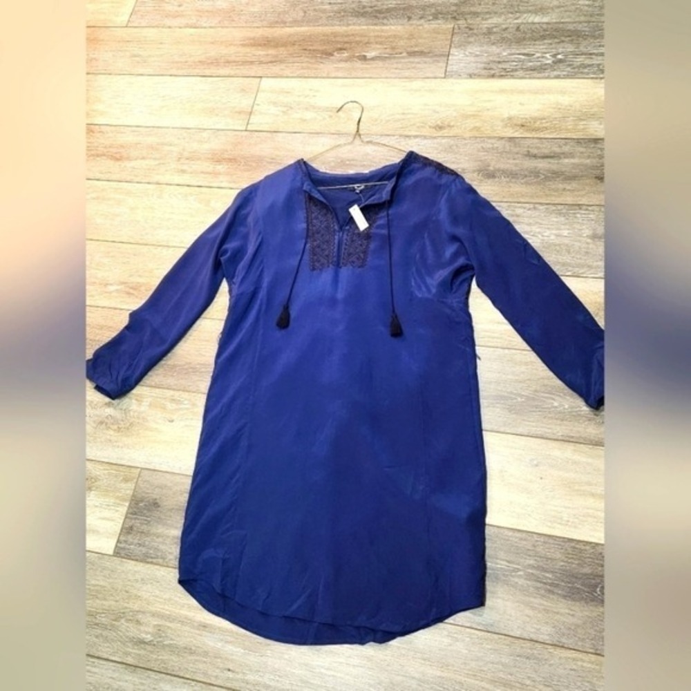 Madewell Blue Silk Embroidered Tassel Shift Dress E7791 XS NWT